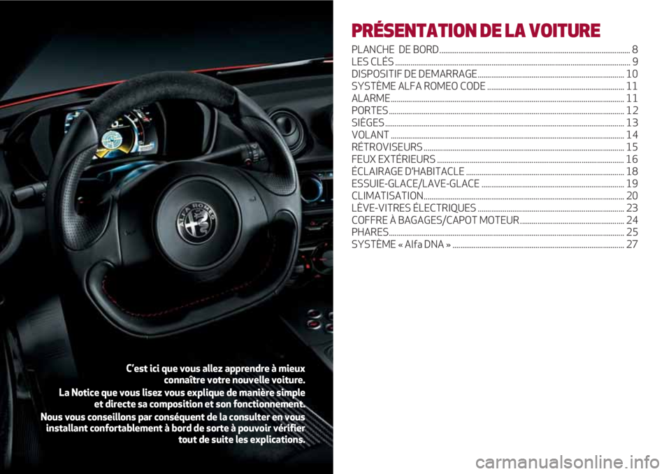 Alfa Romeo 4C 2021  Notice dentretien (in French) PRÉSENTATION DE LA VOITURE
PLANCHE DE BORD................................................................................................... 8
LES CLÉS ............................................