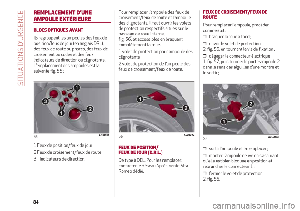 Alfa Romeo 4C 2020  Notice dentretien (in French) REMPLACEMENT D’UNE 
AMPOULE EXTÉRIEURE
BLOCS OPTIQUES AVANT
Ils regroupent les ampoules des feux de
position/feux de jour (en anglais DRL),
des feux de route ou phares, des feux de
croisement ou co
