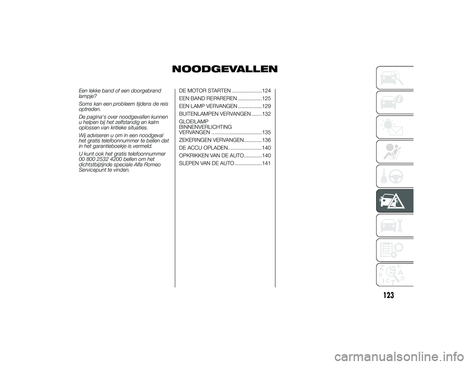 Alfa Romeo 4C 2013 Instructieboek (in Dutch) NOODGEVALLEN
Een lekke band of een doorgebrand
lampje?
Soms kan een probleem tijdens de reis
optreden.
De pagina's over noodgevallen kunnen
u helpen bij het zelfstandig en kalm
oplossen van kritie Alfa Romeo 4C 2013 Instructieboek (in Dutch) NOODGEVALLEN
Een lekke band of een doorgebrand
lampje?
Soms kan een probleem tijdens de reis
optreden.
De pagina's over noodgevallen kunnen
u helpen bij het zelfstandig en kalm
oplossen van kritie