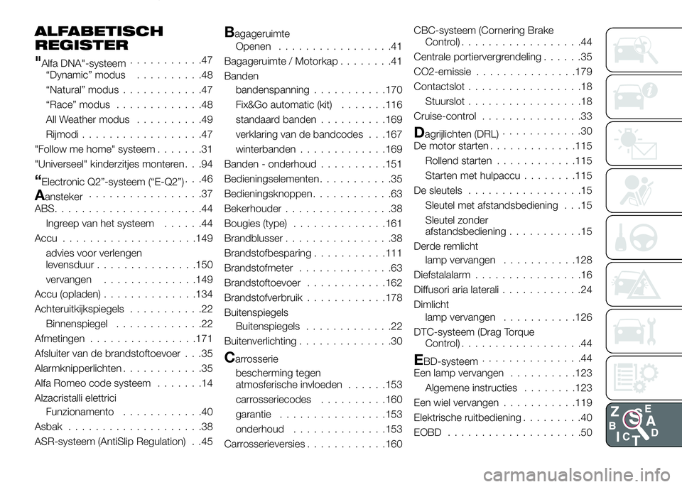 Alfa Romeo 4C 2016  Instructieboek (in Dutch) ALFABETISCH
REGISTER
"Alfa DNA"-systeem...........47
“Dynamic” modus..........48
“Natural” modus............47
“Race” modus.............48
All Weather modus..........49
Rijmodi....