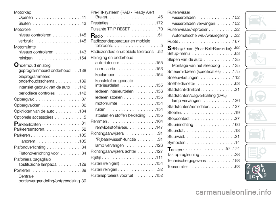 Alfa Romeo 4C 2016  Instructieboek (in Dutch) Motorkap
Openen.................41
Sluiten..................42
Motorolie
niveau controleren..........145
verbruik................145
Motorruimte
niveaus controleren.........143
reinigen...............