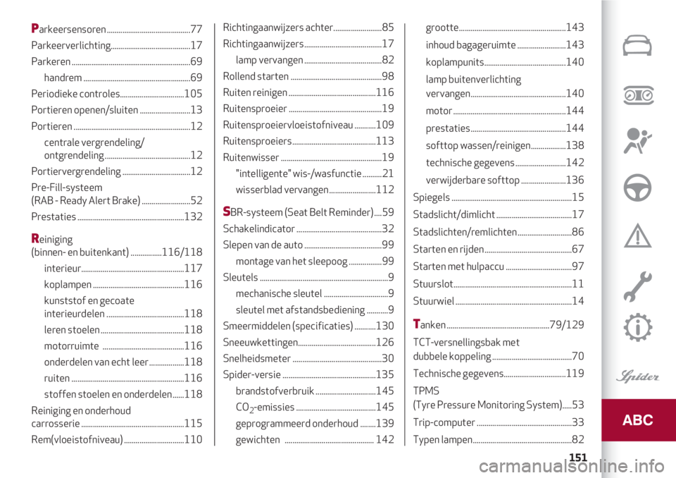 Alfa Romeo 4C 2021  Instructieboek (in Dutch) 151
Parkeersensoren ...........................................77
Parkeerverlichting.........................................17 
Parkeren .............................................................6