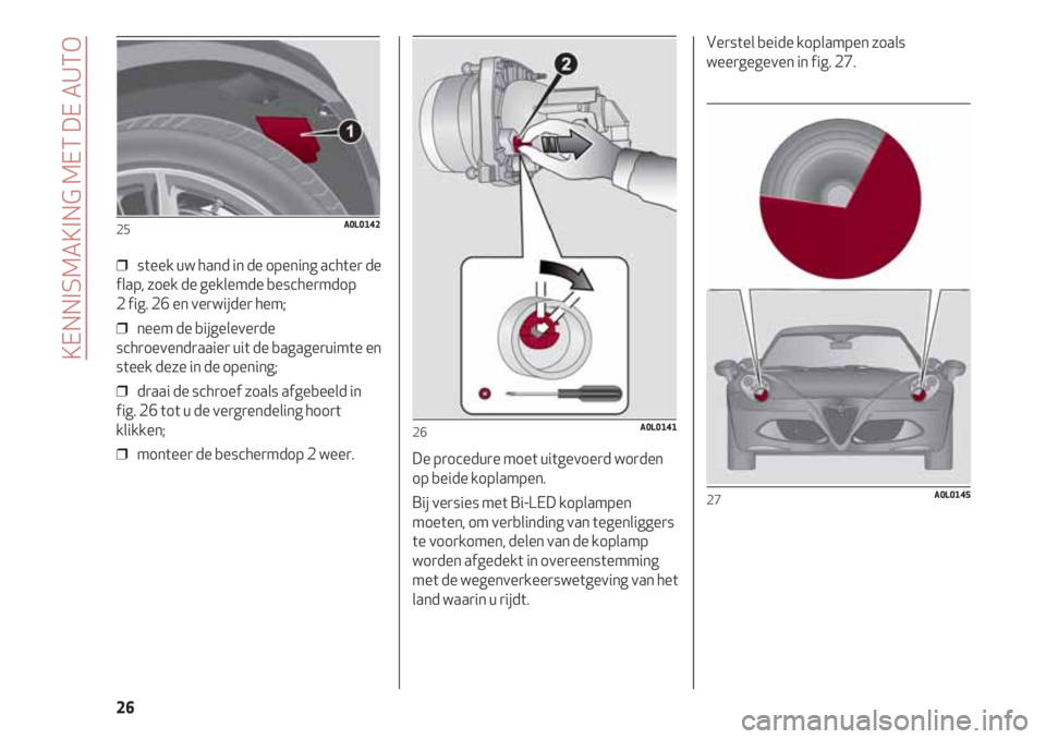 Alfa Romeo 4C 2021  Instructieboek (in Dutch) KENNISMAKING MET DE AUTO
26
❒  steek uw hand in de opening achter de
flap, zoek de geklemde beschermdop 
2 fig. 26 en verwijder hem;
❒  neem de bijgeleverde
schroevendraaier uit de bagageruimte en