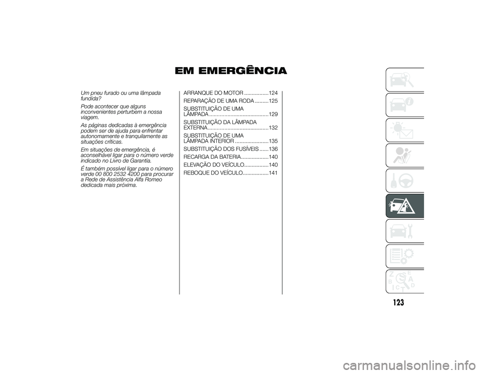 Alfa Romeo 4C 2013 Manual de Uso e Manutenção (in Portuguese) EM EMERGÊNCIA
Um pneu furado ou uma lâmpada
fundida?
Pode acontecer que alguns
inconvenientes perturbem a nossa
viagem.
As páginas dedicadas à emergência
podem ser de ajuda para enfrentar
autonom Alfa Romeo 4C 2013 Manual de Uso e Manutenção (in Portuguese) EM EMERGÊNCIA
Um pneu furado ou uma lâmpada
fundida?
Pode acontecer que alguns
inconvenientes perturbem a nossa
viagem.
As páginas dedicadas à emergência
podem ser de ajuda para enfrentar
autonom