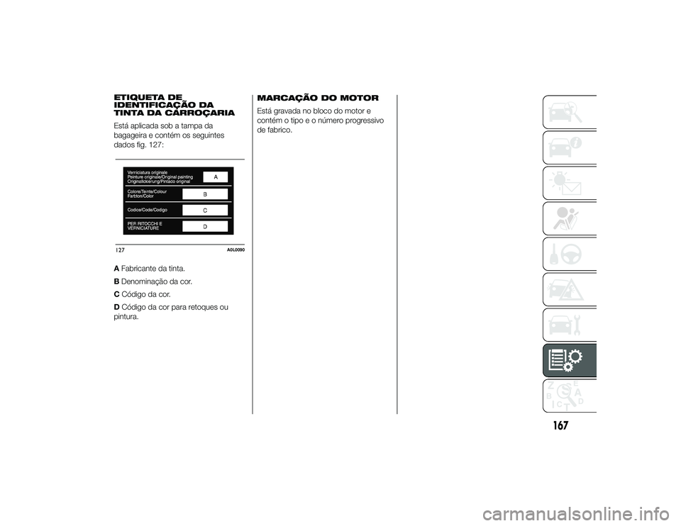 Alfa Romeo 4C 2013  Manual de Uso e Manutenção (in Portuguese) ETIQUETA DE
IDENTIFICAÇÃO DA
TINTA DA CARROÇARIA
Está aplicada sob a tampa da
bagageira e contém os seguintes
dados fig. 127:
AFabricante da tinta.
B Denominação da cor.
C Código da cor.
D Có