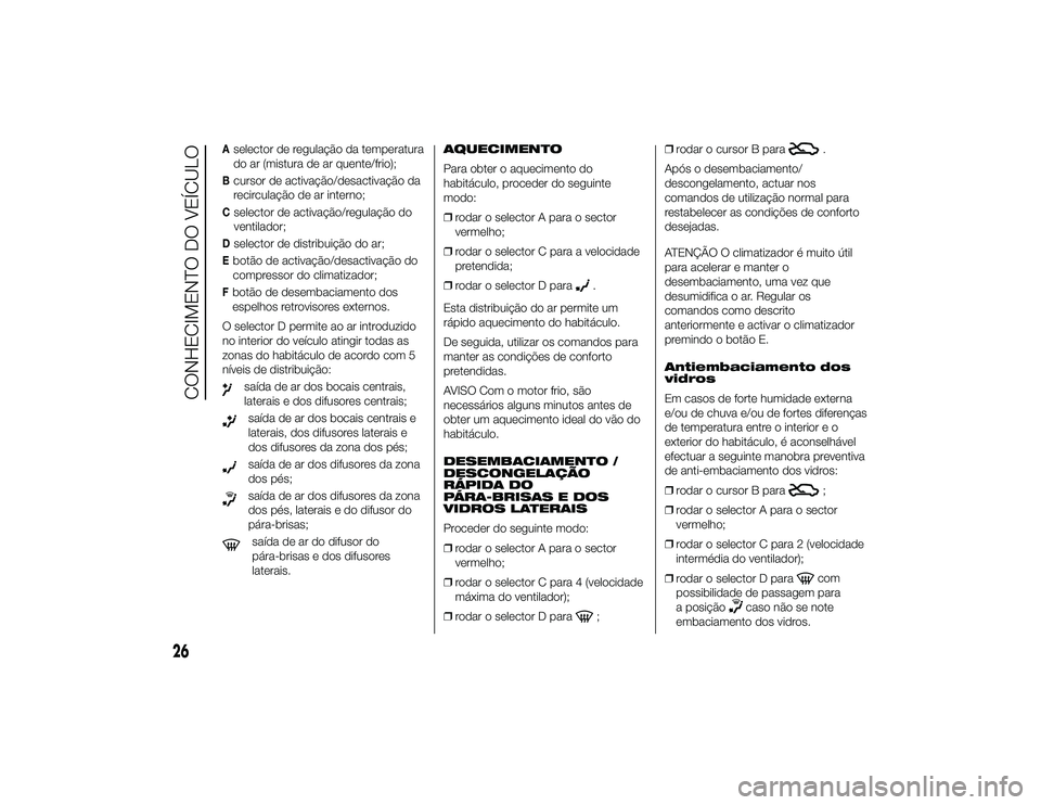 Alfa Romeo 4C 2013 Manual de Uso e Manutenção (in Portuguese) Aselector de regulação da temperatura
do ar (mistura de ar quente/frio);Bcursor de activação/desactivação da
recirculação de ar interno;Cselector de activação/regulação do
ventilador;Dsele Alfa Romeo 4C 2013 Manual de Uso e Manutenção (in Portuguese) Aselector de regulação da temperatura
do ar (mistura de ar quente/frio);Bcursor de activação/desactivação da
recirculação de ar interno;Cselector de activação/regulação do
ventilador;Dsele