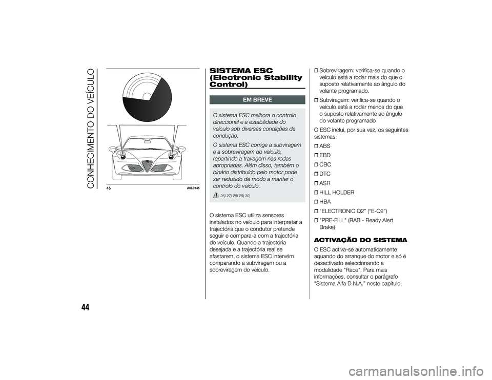 Alfa Romeo 4C 2013 Manual de Uso e Manutenção (in Portuguese) SISTEMA ESC
(Electronic Stability
Control)
EM BREVE
O sistema ESC melhora o controlo
direccional e a estabilidade do
veículo sob diversas condições de
condução.
O sistema ESC corrige a subviragem Alfa Romeo 4C 2013 Manual de Uso e Manutenção (in Portuguese) SISTEMA ESC
(Electronic Stability
Control)
EM BREVE
O sistema ESC melhora o controlo
direccional e a estabilidade do
veículo sob diversas condições de
condução.
O sistema ESC corrige a subviragem