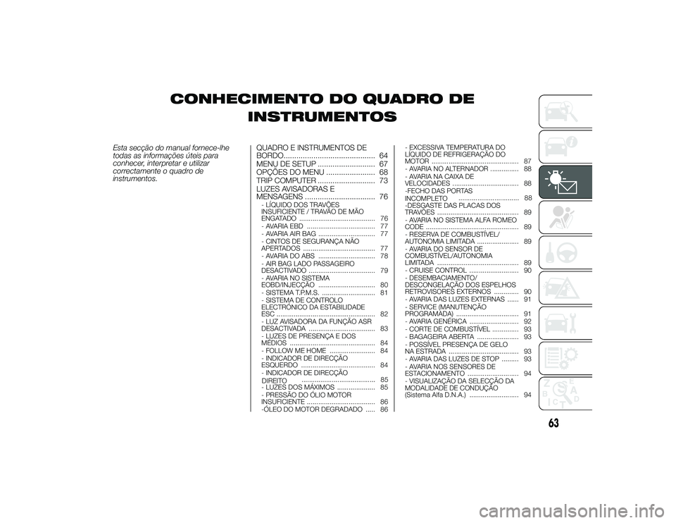 Alfa Romeo 4C 2013 Manual de Uso e Manutenção (in Portuguese) CONHECIMENTO DO QUADRO DEINSTRUMENTOS
Esta secção do manual fornece-lhe
todas as informações úteis para
conhecer, interpretar e utilizar
correctamente o quadro de
instrumentos. QUADRO E INSTRUMEN Alfa Romeo 4C 2013 Manual de Uso e Manutenção (in Portuguese) CONHECIMENTO DO QUADRO DEINSTRUMENTOS
Esta secção do manual fornece-lhe
todas as informações úteis para
conhecer, interpretar e utilizar
correctamente o quadro de
instrumentos. QUADRO E INSTRUMEN