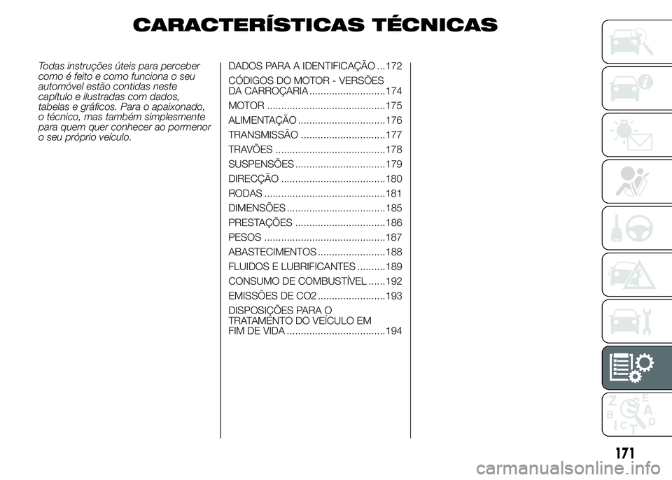 Alfa Romeo 4C 2015 Manual de Uso e Manutenção (in Portuguese) CARACTERÍSTICAS TÉCNICAS
Todas instruções úteis para perceber
como é feito e como funciona o seu
automóvel estão contidas neste
capítulo e ilustradas com dados,
tabelas e gráficos. Para o ap Alfa Romeo 4C 2015 Manual de Uso e Manutenção (in Portuguese) CARACTERÍSTICAS TÉCNICAS
Todas instruções úteis para perceber
como é feito e como funciona o seu
automóvel estão contidas neste
capítulo e ilustradas com dados,
tabelas e gráficos. Para o ap