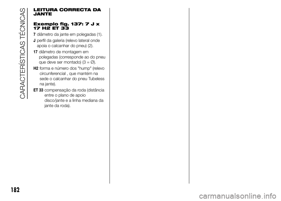 Alfa Romeo 4C 2015  Manual de Uso e Manutenção (in Portuguese) LEITURA CORRECTA DA
JANTE
Exemplo fig. 137:7Jx
17 H2 ET 33
7diâmetro da jante em polegadas (1).
Jperfil da galeria (relevo lateral onde
apoia o calcanhar do pneu) (2).
17diâmetro de montagem em
pole