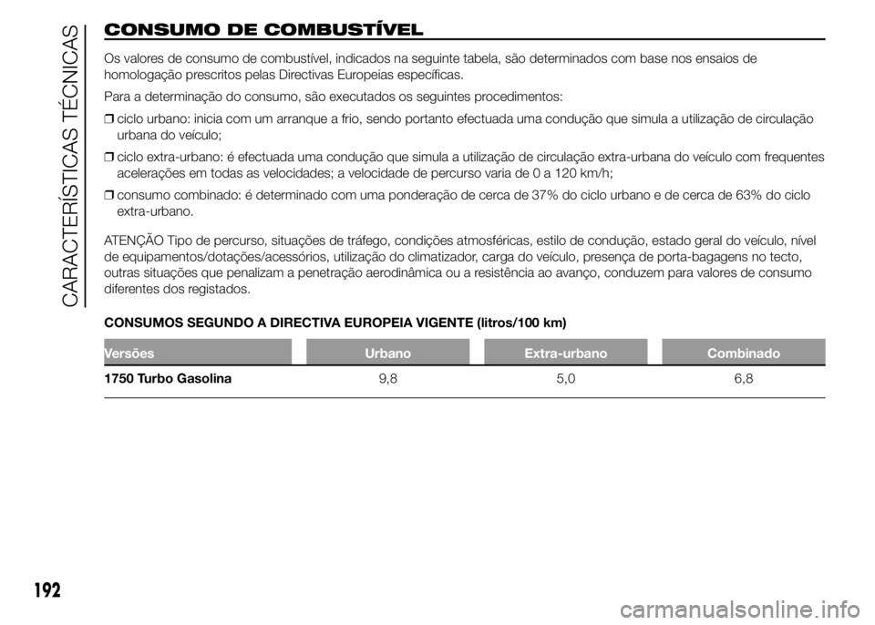 Alfa Romeo 4C 2015 Manual de Uso e Manutenção (in Portuguese) CONSUMO DE COMBUSTÍVEL
Os valores de consumo de combustível, indicados na seguinte tabela, são determinados com base nos ensaios de
homologação prescritos pelas Directivas Europeias específicas. Alfa Romeo 4C 2015 Manual de Uso e Manutenção (in Portuguese) CONSUMO DE COMBUSTÍVEL
Os valores de consumo de combustível, indicados na seguinte tabela, são determinados com base nos ensaios de
homologação prescritos pelas Directivas Europeias específicas.