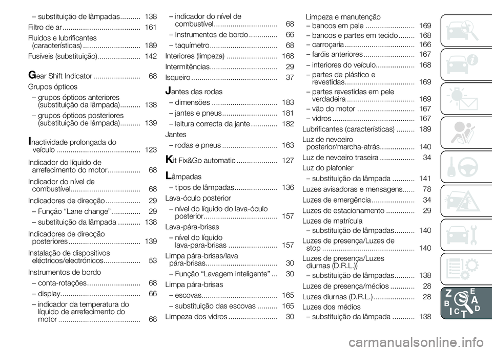 Alfa Romeo 4C 2015 Manual de Uso e Manutenção (in Portuguese) – substituição de lâmpadas.......... 138
Filtro de ar ...................................... 161
Fluidos e lubrificantes
(características) ............................ 189
Fusíveis (substituiç Alfa Romeo 4C 2015 Manual de Uso e Manutenção (in Portuguese) – substituição de lâmpadas.......... 138
Filtro de ar ...................................... 161
Fluidos e lubrificantes
(características) ............................ 189
Fusíveis (substituiç