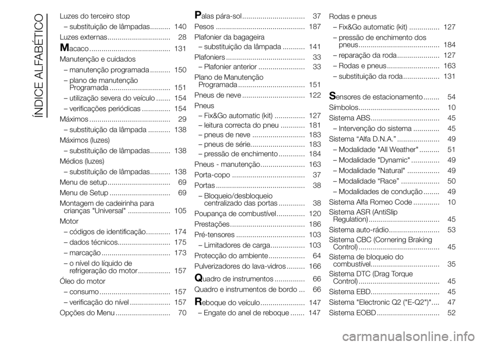 Alfa Romeo 4C 2015  Manual de Uso e Manutenção (in Portuguese) Luzes do terceiro stop
– substituição de lâmpadas.......... 140
Luzes externas............................... 28
Macaco ........................................ 131
Manutenção e cuidados
– ma