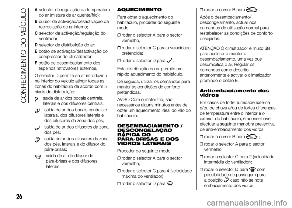 Alfa Romeo 4C 2015  Manual de Uso e Manutenção (in Portuguese) Aselector de regulação da temperatura
do ar (mistura de ar quente/frio);
Bcursor de activação/desactivação da
recirculação de ar interno;
Cselector de activação/regulação do
ventilador;
Ds