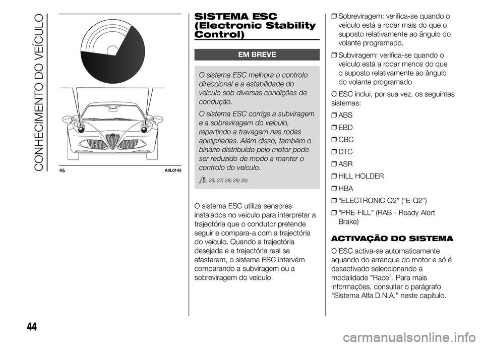 Alfa Romeo 4C 2015  Manual de Uso e Manutenção (in Portuguese) .
SISTEMA ESC
(Electronic Stability
Control)
EM BREVE
O sistema ESC melhora o controlo
direccional e a estabilidade do
veículo sob diversas condições de
condução.
O sistema ESC corrige a subvirag