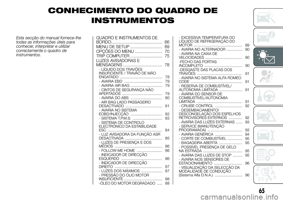 Alfa Romeo 4C 2015 Manual de Uso e Manutenção (in Portuguese) CONHECIMENTO DO QUADRO DE
INSTRUMENTOS
Esta secção do manual fornece-lhe
todas as informações úteis para
conhecer, interpretar e utilizar
correctamente o quadro de
instrumentos.QUADRO E INSTRUMEN Alfa Romeo 4C 2015 Manual de Uso e Manutenção (in Portuguese) CONHECIMENTO DO QUADRO DE
INSTRUMENTOS
Esta secção do manual fornece-lhe
todas as informações úteis para
conhecer, interpretar e utilizar
correctamente o quadro de
instrumentos.QUADRO E INSTRUMEN