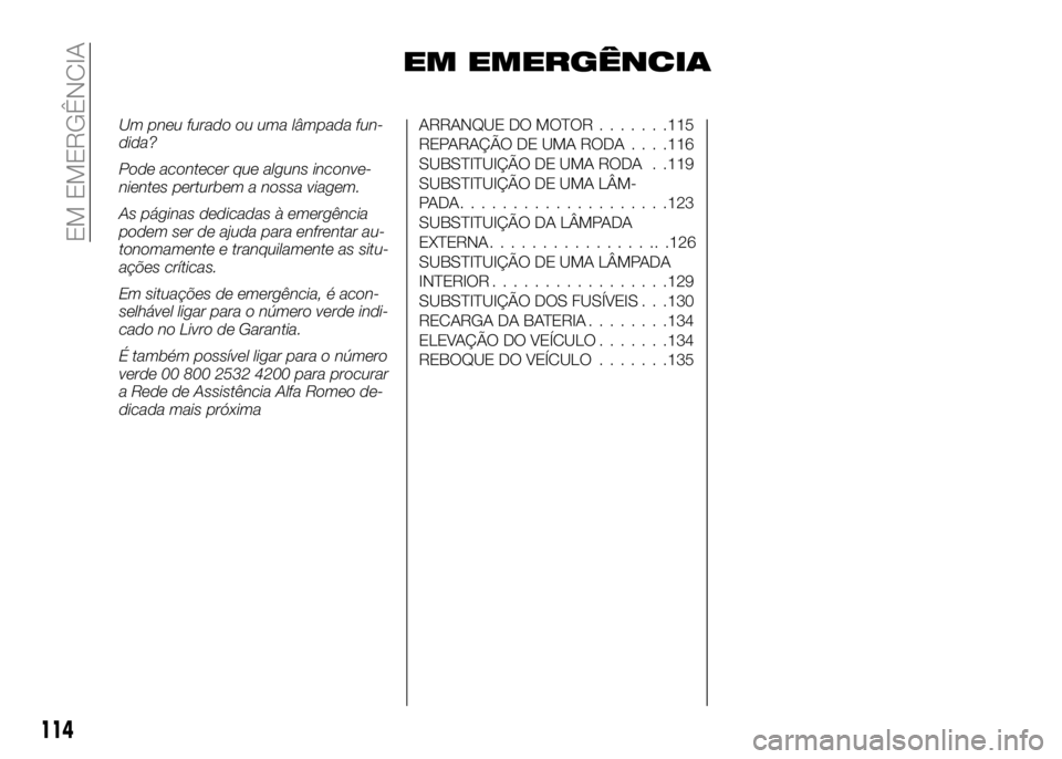 Alfa Romeo 4C 2016  Manual de Uso e Manutenção (in Portuguese) EM EMERGÊNCIA
Um pneu furado ou uma lâmpada fun-
dida?
Pode acontecer que alguns inconve-
nientes perturbem a nossa viagem.
As páginas dedicadas à emergência
podem ser de ajuda para enfrentar au-
