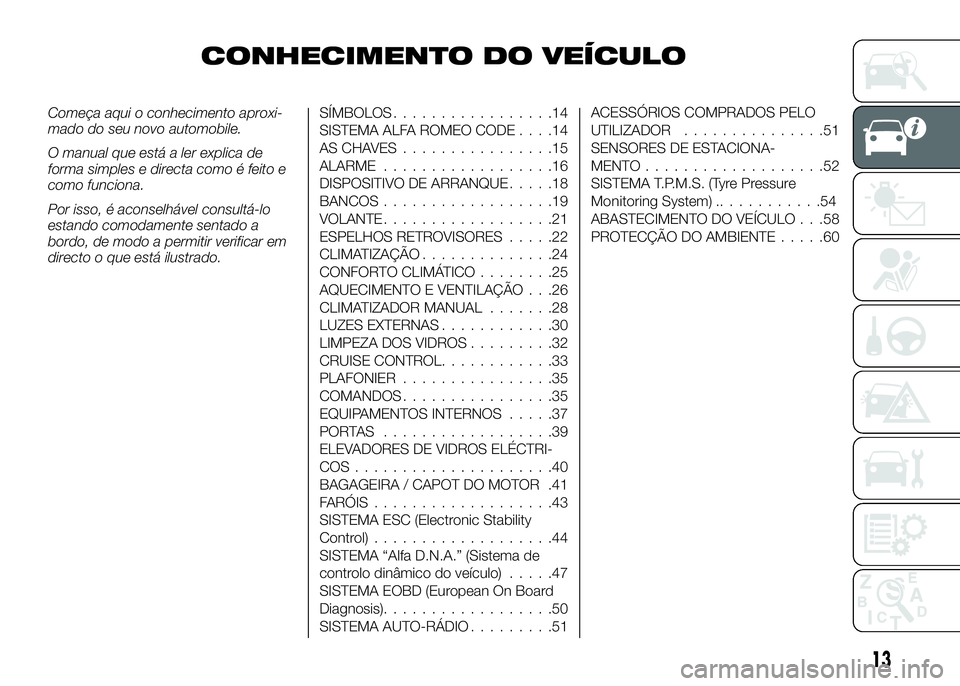 Alfa Romeo 4C 2016 Manual de Uso e Manutenção (in Portuguese) CONHECIMENTO DO VEÍCULO
Começa aqui o conhecimento aproxi-
mado do seu novo automobile.
O manual que está a ler explica de
forma simples e directa como é feito e
como funciona.
Por isso, é aconse Alfa Romeo 4C 2016 Manual de Uso e Manutenção (in Portuguese) CONHECIMENTO DO VEÍCULO
Começa aqui o conhecimento aproxi-
mado do seu novo automobile.
O manual que está a ler explica de
forma simples e directa como é feito e
como funciona.
Por isso, é aconse