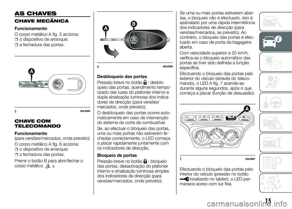 Alfa Romeo 4C 2016  Manual de Uso e Manutenção (in Portuguese) AS CHAVES
CHAVE MECÂNICA
Funcionamento
O corpo metálico A fig. 5 acciona:
o dispositivo de arranque;
a fechadura das portas.
CHAVE COM
TELECOMANDO
Funcionamento
(para versões/mercados, onde previst