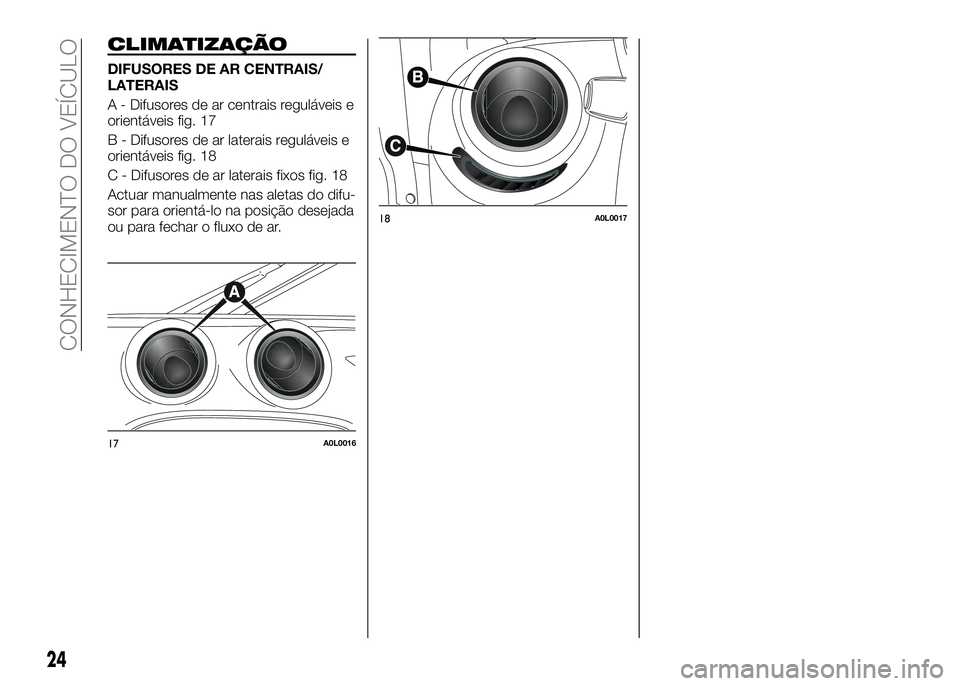 Alfa Romeo 4C 2016 Manual de Uso e Manutenção (in Portuguese) CLIMATIZAÇÃO
DIFUSORES DE AR CENTRAIS/
LATERAIS
A - Difusores de ar centrais reguláveis e
orientáveis fig. 17
B - Difusores de ar laterais reguláveis e
orientáveis fig. 18
C - Difusores de ar la Alfa Romeo 4C 2016 Manual de Uso e Manutenção (in Portuguese) CLIMATIZAÇÃO
DIFUSORES DE AR CENTRAIS/
LATERAIS
A - Difusores de ar centrais reguláveis e
orientáveis fig. 17
B - Difusores de ar laterais reguláveis e
orientáveis fig. 18
C - Difusores de ar la