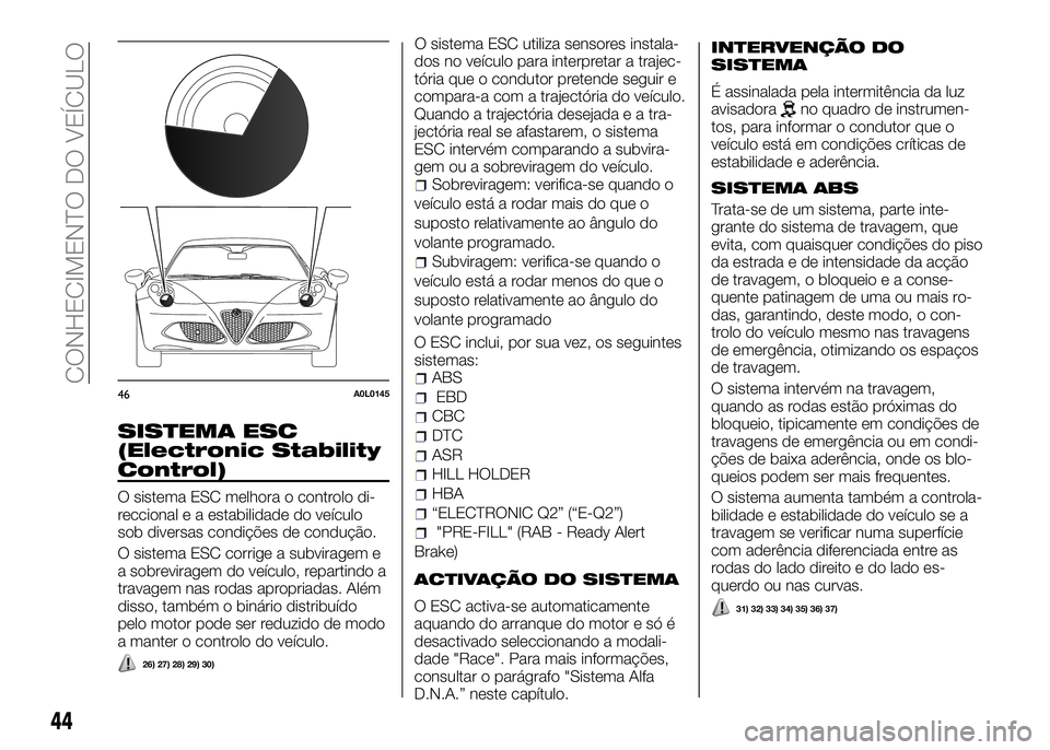 Alfa Romeo 4C 2016  Manual de Uso e Manutenção (in Portuguese) SISTEMA ESC
(Electronic Stability
Control)
O sistema ESC melhora o controlo di-
reccional e a estabilidade do veículo
sob diversas condições de condução.
O sistema ESC corrige a subviragem e
a so