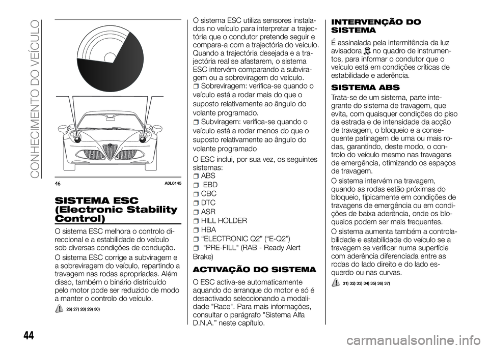 Alfa Romeo 4C 2016 Manual de Uso e Manutenção (in Portuguese) SISTEMA ESC
(Electronic Stability
Control)
O sistema ESC melhora o controlo di-
reccional e a estabilidade do veículo
sob diversas condições de condução.
O sistema ESC corrige a subviragem e
a so Alfa Romeo 4C 2016 Manual de Uso e Manutenção (in Portuguese) SISTEMA ESC
(Electronic Stability
Control)
O sistema ESC melhora o controlo di-
reccional e a estabilidade do veículo
sob diversas condições de condução.
O sistema ESC corrige a subviragem e
a so
