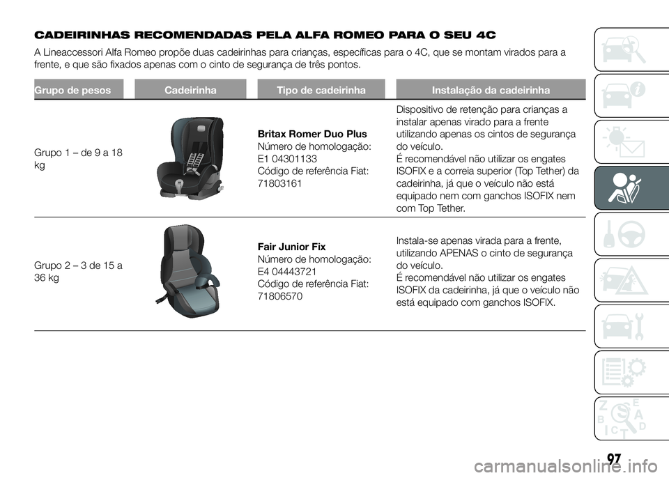 Alfa Romeo 4C 2016 Manual de Uso e Manutenção (in Portuguese) 97
CADEIRINHAS RECOMENDADAS PELA ALFA ROMEO PARA O SEU 4C
A Lineaccessori Alfa Romeo propõe duas cadeirinhas para crianças, específicas para o 4C, que se montam virados para a
frente, e que são fi Alfa Romeo 4C 2016 Manual de Uso e Manutenção (in Portuguese) 97
CADEIRINHAS RECOMENDADAS PELA ALFA ROMEO PARA O SEU 4C
A Lineaccessori Alfa Romeo propõe duas cadeirinhas para crianças, específicas para o 4C, que se montam virados para a
frente, e que são fi