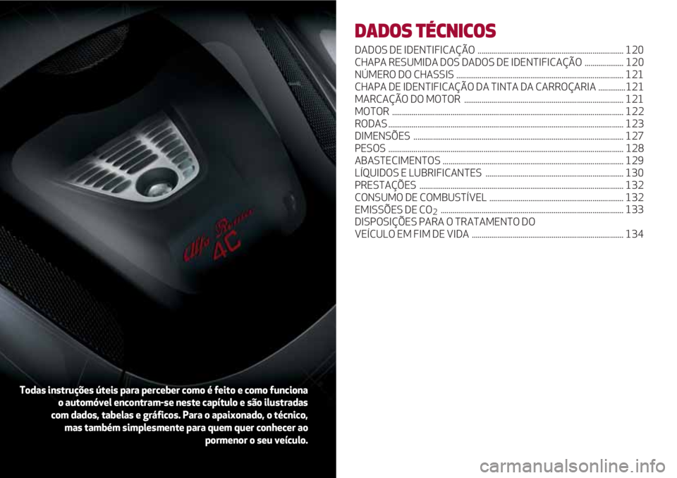 Alfa Romeo 4C 2020  Manual de Uso e Manutenção (in Portuguese) DADOS TÉCNICOS
DADOS DE IDENTIFICAÇÃO  ........................................................................... 120
CHAPA RESUMIDA DOS DADOS DE IDENTIFICAÇÃO  .................... 120
NÚMERO 
