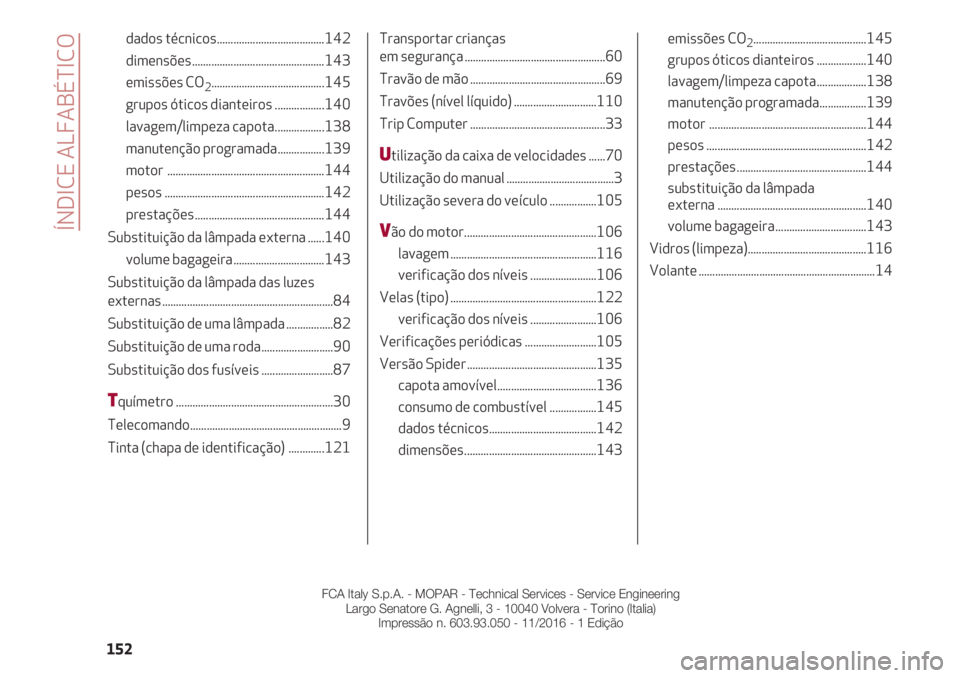 Alfa Romeo 4C 2020  Manual de Uso e Manutenção (in Portuguese) ÍNDICE ALFABÉTICO
152
dados técnicos.......................................142
dimensões................................................143
emissões CO
2.........................................1
