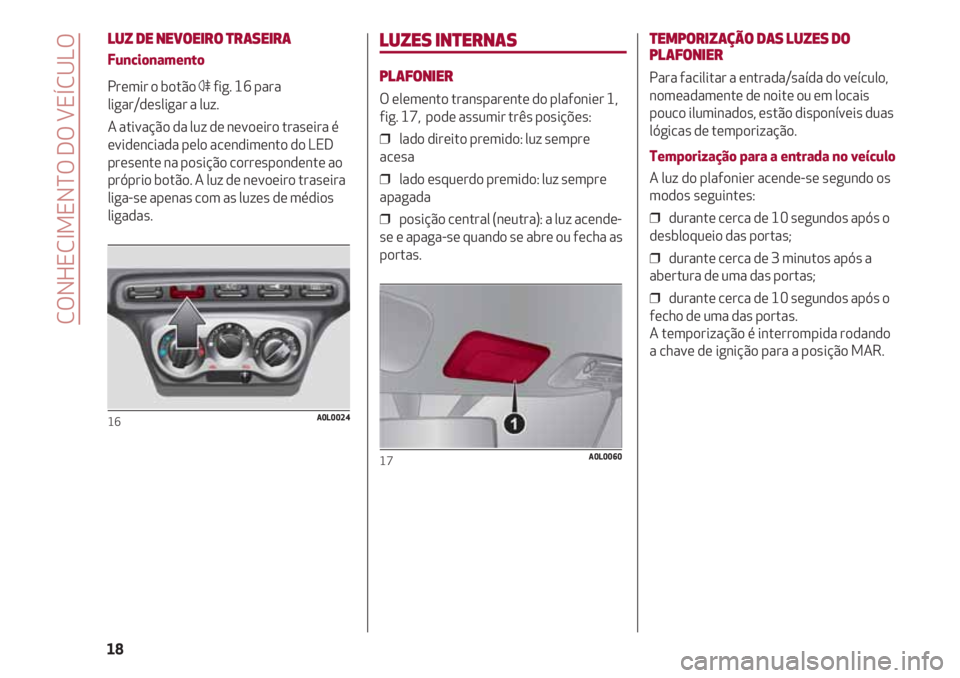 Alfa Romeo 4C 2021 Manual de Uso e Manutenção (in Portuguese) LUZ DE NEVOEIRO TRASEIRA
Funcionamento
Premir o botão 4fig. 16 para
ligar/desligar a luz.
A ativação da luz de nevoeiro traseira é
evidenciada pelo acendimento do LED
presente na posição corresp Alfa Romeo 4C 2021 Manual de Uso e Manutenção (in Portuguese) LUZ DE NEVOEIRO TRASEIRA
Funcionamento
Premir o botão 4fig. 16 para
ligar/desligar a luz.
A ativação da luz de nevoeiro traseira é
evidenciada pelo acendimento do LED
presente na posição corresp