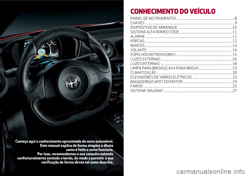 Alfa Romeo 4C 2021  Manual de Uso e Manutenção (in Portuguese) CONHECIMENTO DO VEÍCULO
PAINEL DEINSTRUMENTOS ................................................................................ 8
CHAVES ..............................................................