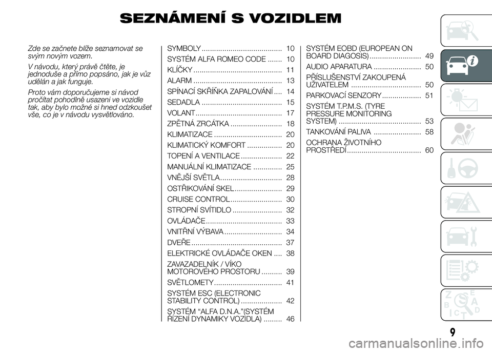 Alfa Romeo 4C 2015 Návod k použití a údržbě (in Czech) SEZNÁMENÍ S VOZIDLEM
Zde se začnete blíže seznamovat se
svým novým vozem.
V návodu, který právě čtěte, je
jednoduše a přímo popsáno, jak je vůz
udělán a jak funguje.
Proto vám dop Alfa Romeo 4C 2015 Návod k použití a údržbě (in Czech) SEZNÁMENÍ S VOZIDLEM
Zde se začnete blíže seznamovat se
svým novým vozem.
V návodu, který právě čtěte, je
jednoduše a přímo popsáno, jak je vůz
udělán a jak funguje.
Proto vám dop