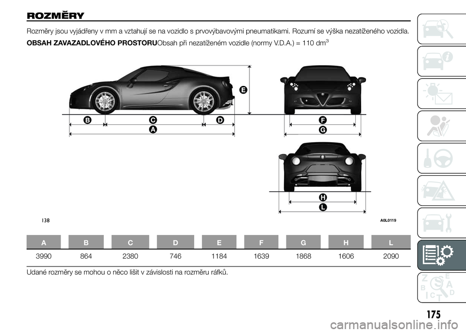 Alfa Romeo 4C 2015  Návod k použití a údržbě (in Czech) ROZMĚRY
Rozměry jsou vyjádřeny v mm a vztahují se na vozidlo s prvovýbavovými pneumatikami. Rozumí se výška nezatíženého vozidla.
OBSAH ZAVAZADLOVÉHO PROSTORUObsah při nezatíženém vo