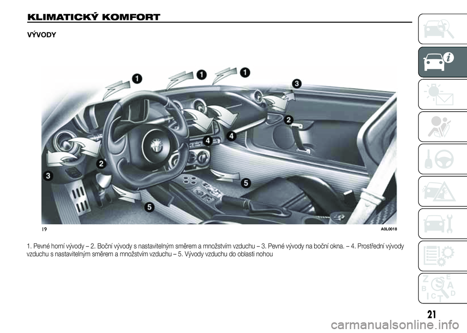 Alfa Romeo 4C 2015 Návod k použití a údržbě (in Czech) 1. Pevné horní vývody – 2. Boční vývody s nastavitelným směrem a množstvím vzduchu – 3. Pevné vývody na boční okna. – 4. Prostřední vývody
vzduchu s nastavitelným směrem a mno Alfa Romeo 4C 2015 Návod k použití a údržbě (in Czech) 1. Pevné horní vývody – 2. Boční vývody s nastavitelným směrem a množstvím vzduchu – 3. Pevné vývody na boční okna. – 4. Prostřední vývody
vzduchu s nastavitelným směrem a mno