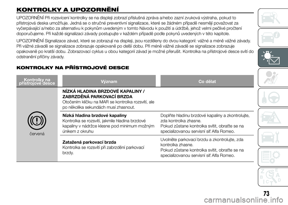 Alfa Romeo 4C 2015 Návod k použití a údržbě (in Czech) KONTROLKY A UPOZORNĚNÍ
UPOZORNĚNÍ Při rozsvícení kontrolky se na displeji zobrazí příslušná zpráva a/nebo zazní zvuková výstraha, pokud to
přístrojová deska umožňuje. Jedná se o Alfa Romeo 4C 2015 Návod k použití a údržbě (in Czech) KONTROLKY A UPOZORNĚNÍ
UPOZORNĚNÍ Při rozsvícení kontrolky se na displeji zobrazí příslušná zpráva a/nebo zazní zvuková výstraha, pokud to
přístrojová deska umožňuje. Jedná se o
