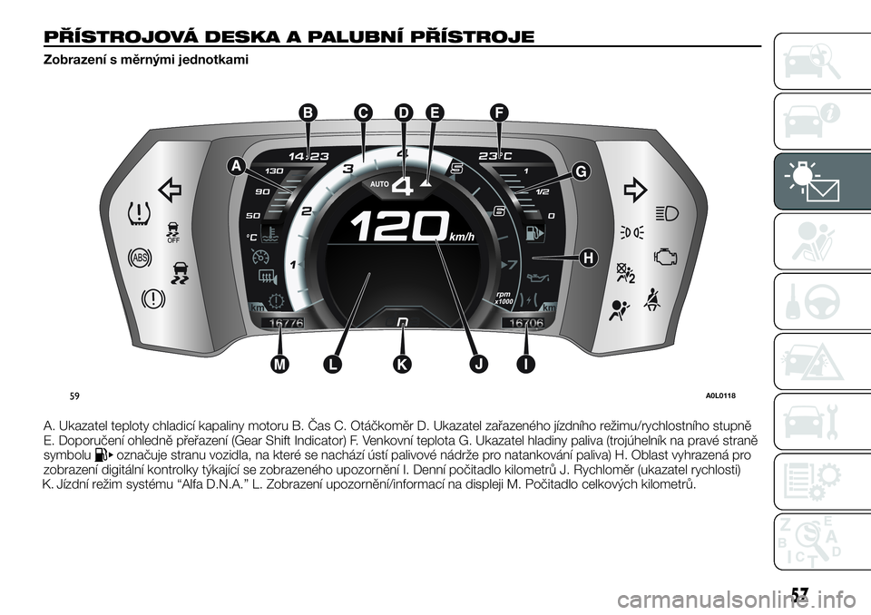 Alfa Romeo 4C 2016  Návod k použití a údržbě (in Czech) PŘÍSTROJOVÁ DESKA A PALUBNÍ PŘÍSTROJE
Zobrazení s měrnými jednotkami
A. Ukazatel teploty chladicí kapaliny motoru B. Čas C. Otáčkoměr D. Ukazatel zařazeného jízdního režimu/rychlost