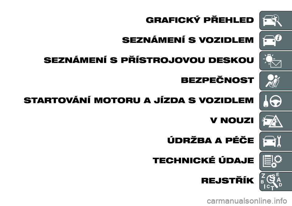 Alfa Romeo 4C 2016  Návod k použití a údržbě (in Czech) GRAFICKÝ PŘEHLED
SEZNÁMENÍ S VOZIDLEM
SEZNÁMENÍ S PŘÍSTROJOVOU DESKOU
BEZPEČNOST
STARTOVÁNÍ MOTORU A JÍZDA S VOZIDLEM
V NOUZI
ÚDRŽBA A PÉČE
TECHNICKÉ ÚDAJE
REJSTŘÍK 