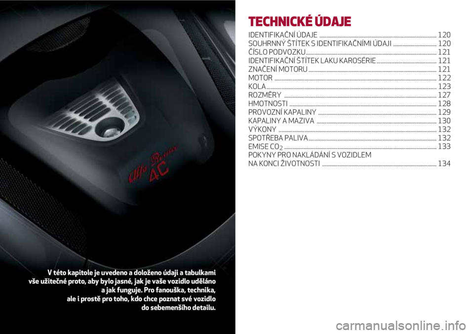 Alfa Romeo 4C 2020 Návod k použití a údržbě (in Czech) TECHNICKÉ ÚDAJE
IDENTIFIKAČNÍ ÚDAJE ...................................................................................... 120
SOUHRNNÝ ŠTÍTEK S IDENTIFIKAČNÍMI ÚDAJI ..................... Alfa Romeo 4C 2020 Návod k použití a údržbě (in Czech) TECHNICKÉ ÚDAJE
IDENTIFIKAČNÍ ÚDAJE ...................................................................................... 120
SOUHRNNÝ ŠTÍTEK S IDENTIFIKAČNÍMI ÚDAJI .....................