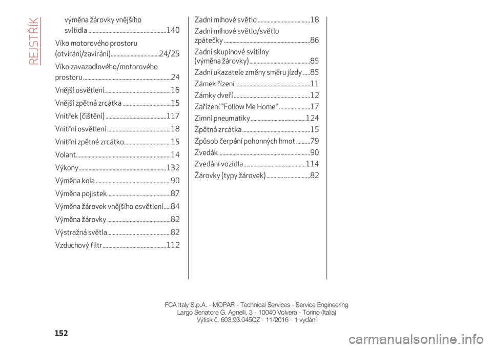Alfa Romeo 4C 2020  Návod k použití a údržbě (in Czech) REJSTŘÍK
152
výměna žárovky vnějšího
svítidla .......................................................140
Víko motorového prostoru
(otvírání/zavírání).................................