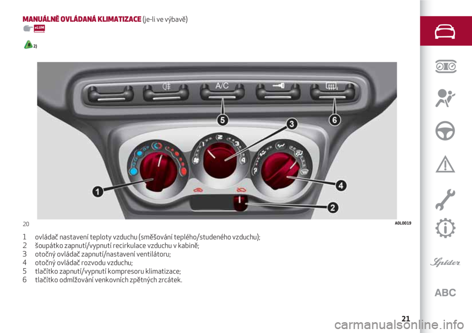 Alfa Romeo 4C 2020 Návod k použití a údržbě (in Czech) 21
MANUÁLNĚ OVLÁDANÁ KLIMATIZACE (je-li ve výbavě)
2)
1 ovládač nastavení teploty vzduchu (směšování teplého/studeného vzduchu);
2 šoupátko zapnutí/vypnutí recirkulace v Alfa Romeo 4C 2020 Návod k použití a údržbě (in Czech) 21
MANUÁLNĚ OVLÁDANÁ KLIMATIZACE (je-li ve výbavě)
2)
1 ovládač nastavení teploty vzduchu (směšování teplého/studeného vzduchu);
2 šoupátko zapnutí/vypnutí recirkulace v