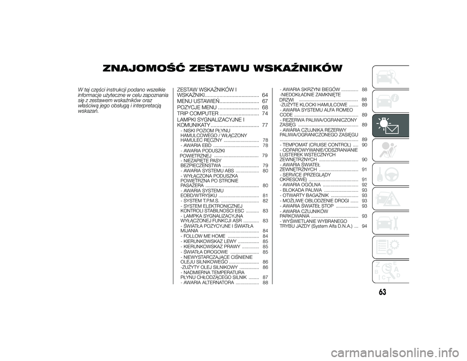 Alfa Romeo 4C 2013 Instrukcja obsługi (in Polish) ZNAJOMOŚĆ ZESTAWU WSKA\fNIKÓW
W tej cz\fści instrukcji podano wszelkie
informacje użyteczne w celu zapoznania
si\f z zestawem wskaźników oraz
właściw\b jego obsług\b i interpretacj\b
wskaza Alfa Romeo 4C 2013 Instrukcja obsługi (in Polish) ZNAJOMOŚĆ ZESTAWU WSKA\fNIKÓW
W tej cz\fści instrukcji podano wszelkie
informacje użyteczne w celu zapoznania
si\f z zestawem wskaźników oraz
właściw\b jego obsług\b i interpretacj\b
wskaza