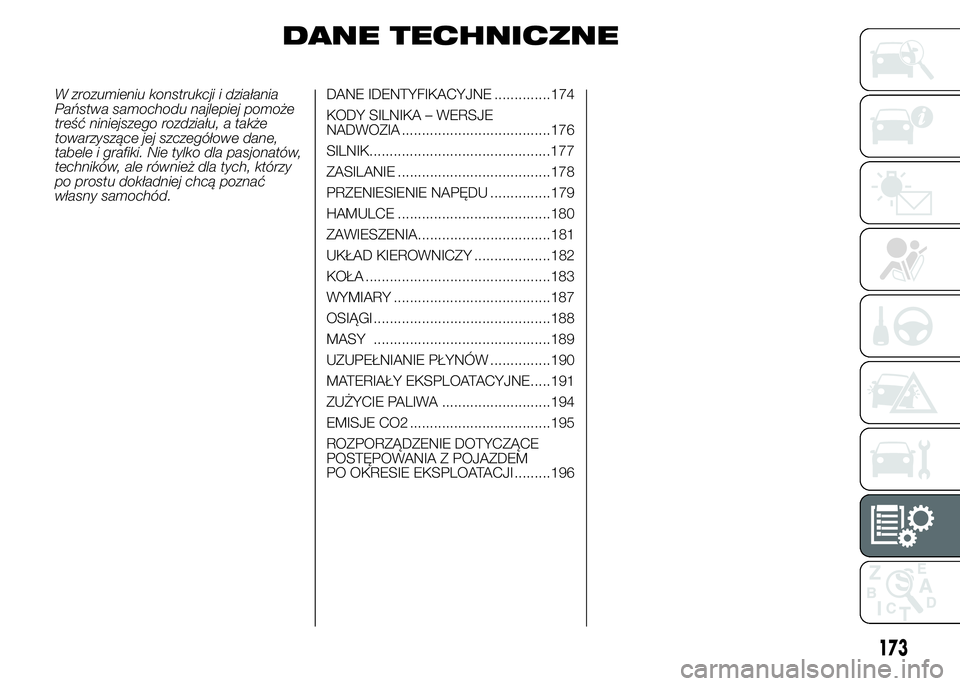 Alfa Romeo 4C 2015  Instrukcja obsługi (in Polish) DANE TECHNICZNE
W zrozumieniu konstrukcji i działania
Państwa samochodu najlepiej pomoże
treść niniejszego rozdziału, a także
towarzyszące jej szczegółowe dane,
tabele i grafiki. Nie tylko d