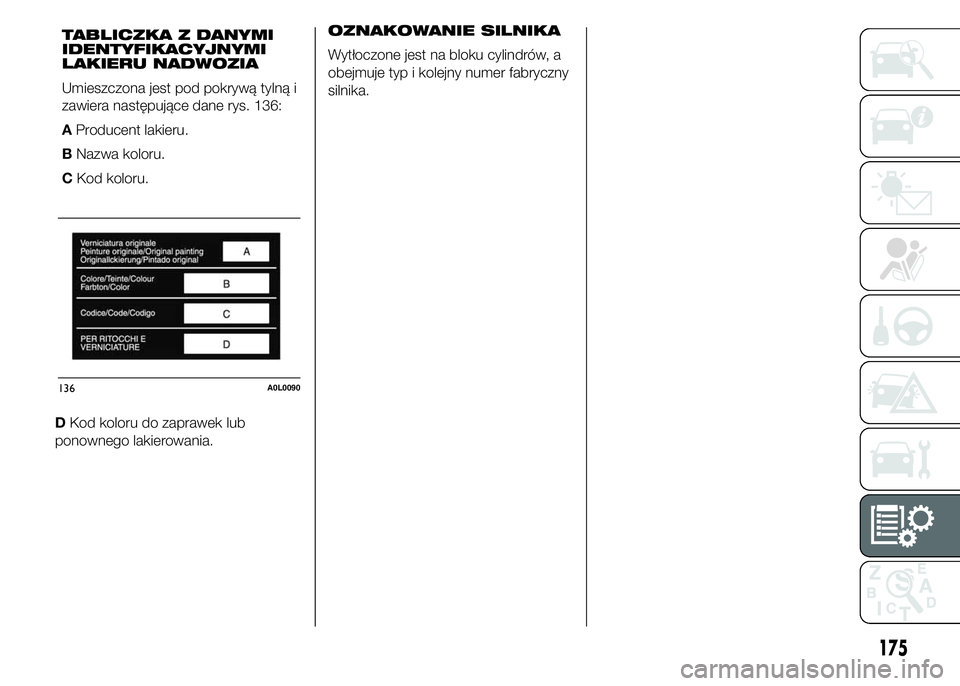 Alfa Romeo 4C 2015  Instrukcja obsługi (in Polish) DKod koloru do zaprawek lub
ponownego lakierowania.OZNAKOWANIE SILNIKA
Wytłoczone jest na bloku cylindrów, a
obejmuje typ i kolejny numer fabryczny
silnika.
136A0L0090
175
TABLICZKA Z DANYMI
IDENTYF