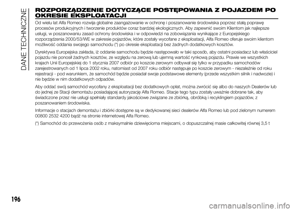 Alfa Romeo 4C 2015  Instrukcja obsługi (in Polish) ROZPORZĄDZENIE DOTYCZĄCE POSTĘPOWANIA Z POJAZDEM PO
OKRESIE EKSPLOATACJI
Od wielu lat Alfa Romeo rozwija globalne zaangażowanie w ochronę i poszanowanie środowiska poprzez stałą poprawę
proce
