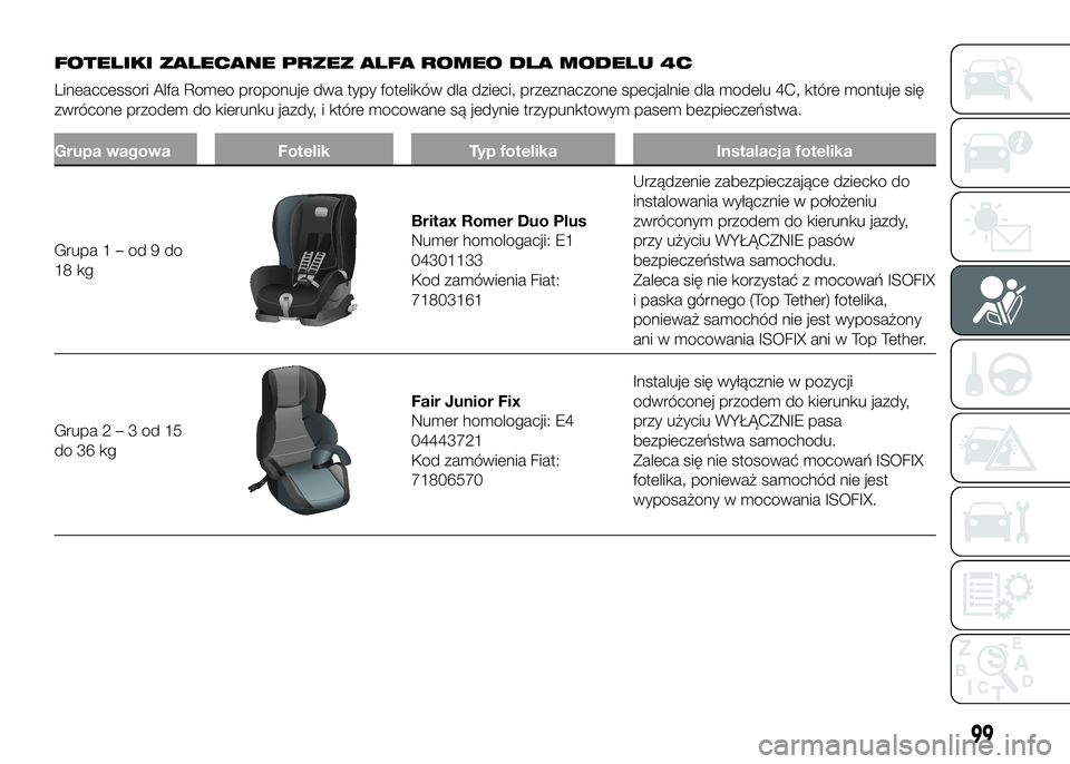 Alfa Romeo 4C 2016 Instrukcja obsługi (in Polish) 99
FOTELIKI ZALECANE PRZEZ ALFA ROMEO DLA MODELU 4C
Lineaccessori Alfa Romeo proponuje dwa typy fotelików dla dzieci, przeznaczone specjalnie dla modelu 4C, które montuje się
zwrócone przodem do k Alfa Romeo 4C 2016 Instrukcja obsługi (in Polish) 99
FOTELIKI ZALECANE PRZEZ ALFA ROMEO DLA MODELU 4C
Lineaccessori Alfa Romeo proponuje dwa typy fotelików dla dzieci, przeznaczone specjalnie dla modelu 4C, które montuje się
zwrócone przodem do k