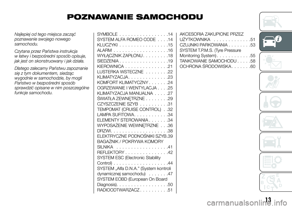 Alfa Romeo 4C 2016  Instrukcja obsługi (in Polish) POZNAWANIE SAMOCHODU
Najlepiej od tego miejsca zacząć
poznawanie swojego nowego
samochodu.
Czytana przez Państwa instrukcja
w łatwy i bezpośredni sposób opisuje,
jak jest on skonstruowany i jak 