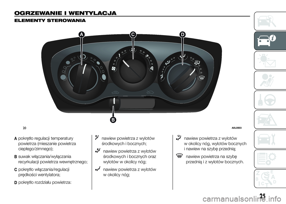 Alfa Romeo 4C 2016 Instrukcja obsługi (in Polish) OGRZEWANIE I WENTYLACJA
ELEMENTY STEROWANIA
Apokrętło regulacji temperatury
powietrza (mieszanie powietrza
ciepłego/zimnego);
Bsuwak włączania/wyłączania
recyrkulacji powietrza wewnętrznego;
C Alfa Romeo 4C 2016 Instrukcja obsługi (in Polish) OGRZEWANIE I WENTYLACJA
ELEMENTY STEROWANIA
Apokrętło regulacji temperatury
powietrza (mieszanie powietrza
ciepłego/zimnego);
Bsuwak włączania/wyłączania
recyrkulacji powietrza wewnętrznego;
C