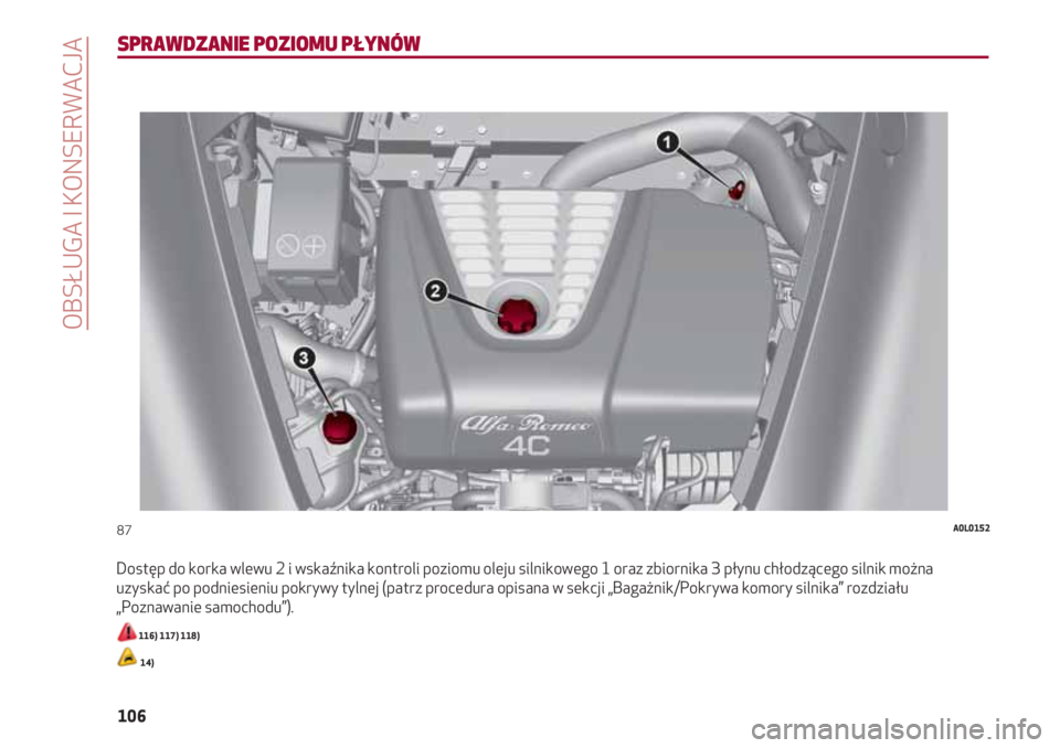 Alfa Romeo 4C 2020  Instrukcja obsługi (in Polish) OBSŁUGA I KONSERWACJA
106
SPRAWDZANIE POZIOMU PŁYNÓW
Dostęp do korka wlewu 2 i wskaźnika kontroli poziomu oleju silnikowego 1 oraz zbiornika 3 płynu chłodzącego silnik można
uzyskać po podni