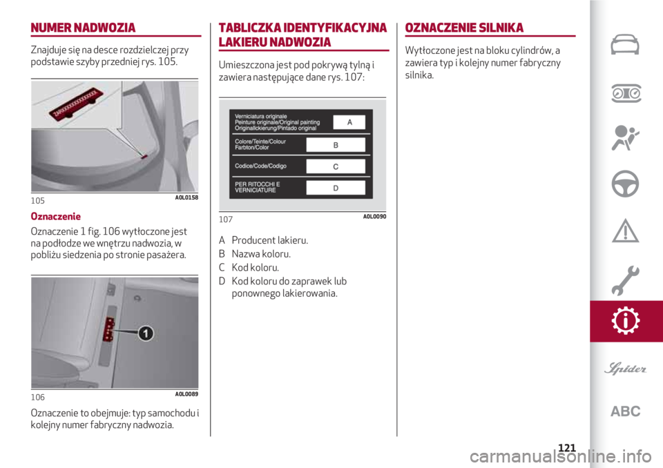Alfa Romeo 4C 2020  Instrukcja obsługi (in Polish) 121
NUMER NADWOZIA
Znajduje się na desce rozdzielczej przy
podstawie szyby przedniej rys. 105.
Oznaczenie
Oznaczenie 1 fig. 106 wytłoczone jest
na podłodze we wnętrzu nadwozia, w
pobliżu siedzeni