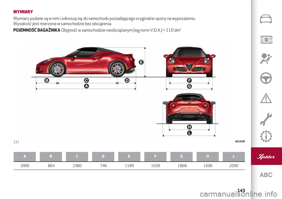 Alfa Romeo 4C 2020 Instrukcja obsługi (in Polish) 143
WYMIARY
Wymiary podane są w mm i odnoszą się do samochodu posiadającego oryginalne opony na wyposażeniu.
Wysokość jest mierzona w samochodzie bez obciążenia.
POJEMNOŚĆ BAGAŻNIKA Obję Alfa Romeo 4C 2020 Instrukcja obsługi (in Polish) 143
WYMIARY
Wymiary podane są w mm i odnoszą się do samochodu posiadającego oryginalne opony na wyposażeniu.
Wysokość jest mierzona w samochodzie bez obciążenia.
POJEMNOŚĆ BAGAŻNIKA Obję